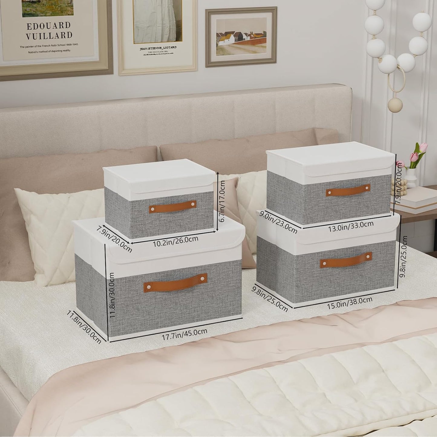 Yawinhe Collapsible Storage Bins, Decorative Storage Basket Boxes with Lids, Cube Closet Organizer Basket with Handles for Home Decor, Storage Containers for Organizing,Grey and White, SNK024WGN-1