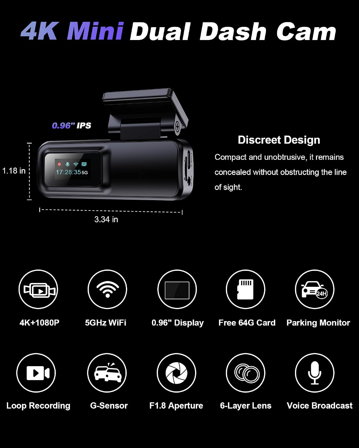 Dash Cam Front and Rear 4K+1080P, 5GHz WiFi, App Control, with 64GB Card