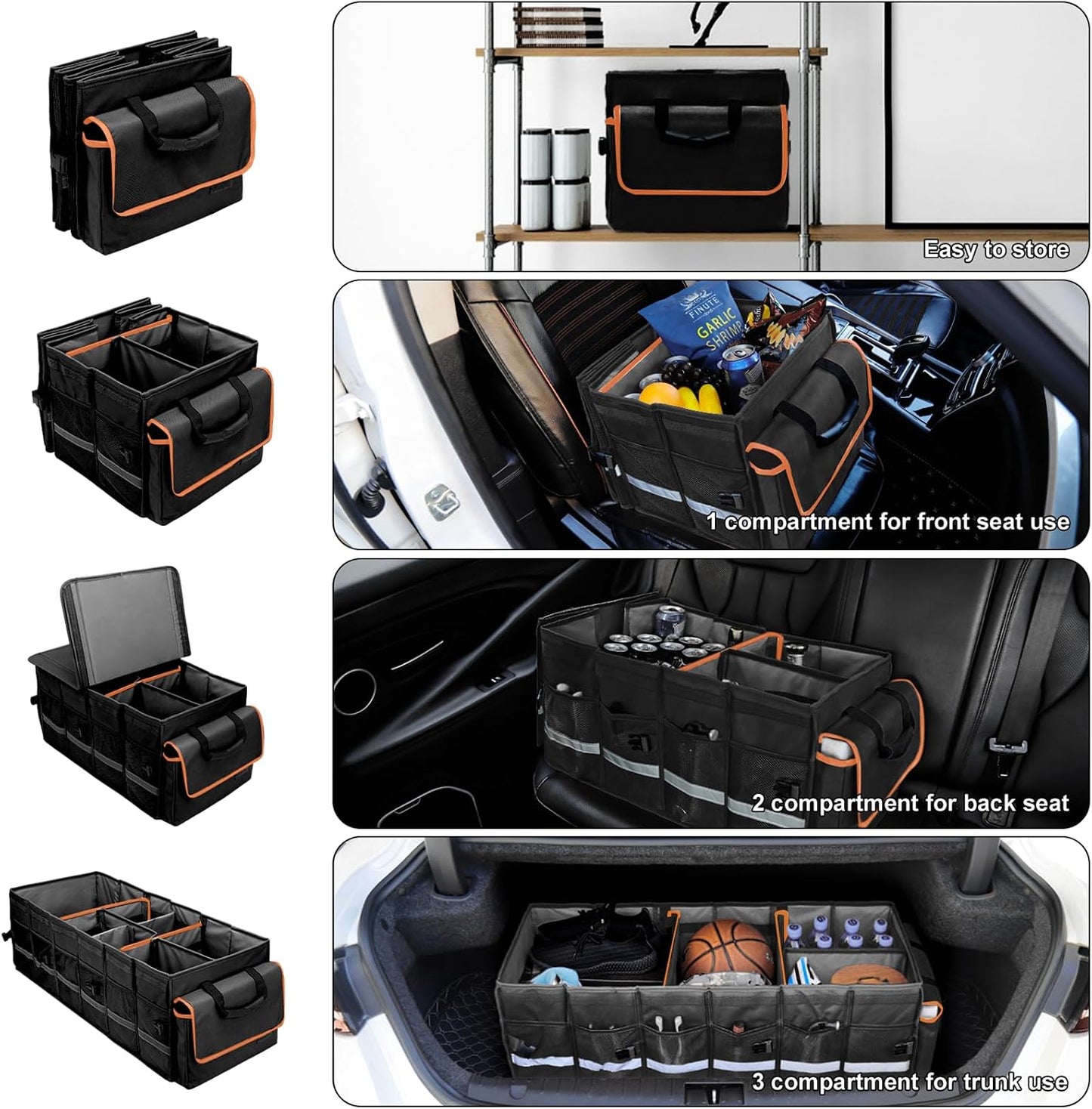 Car Trunk Organizer and Storage with Lid & Removable Leakproof Cooler Bag, Car Accessories 6 Removable Dividers for Custom Space, Collapsible Large Trunk Organizers Interior for SUV Sendan with Cover