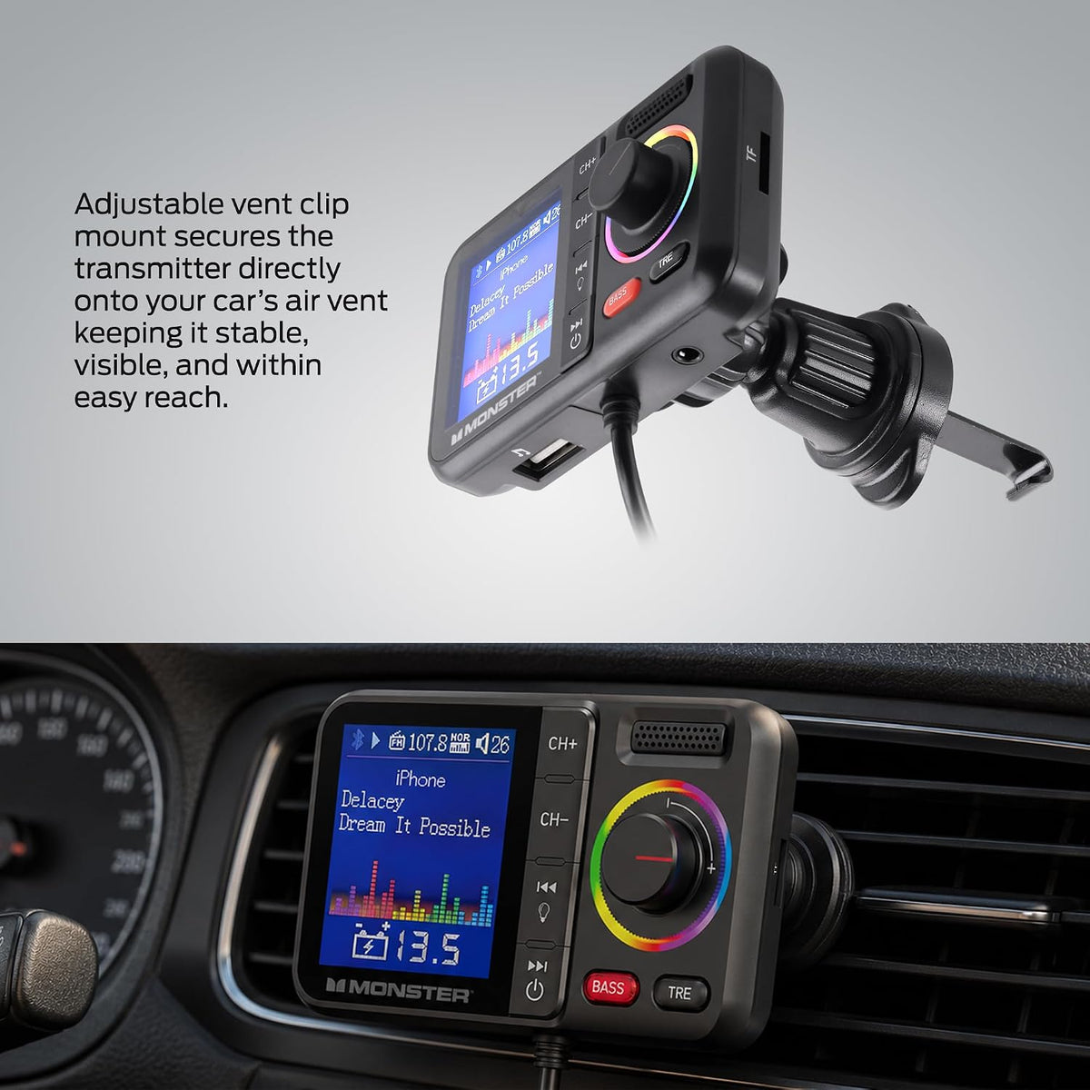 Monster 48W Bluetooth FM Transmitter for Car, Bluetooth Car Adapter with Dual Fast Charger (PD 30W USB-C + QC3.0 USB-A), Car Battery Voltage Display, Hands-Free Calls, Vent Mount, Black