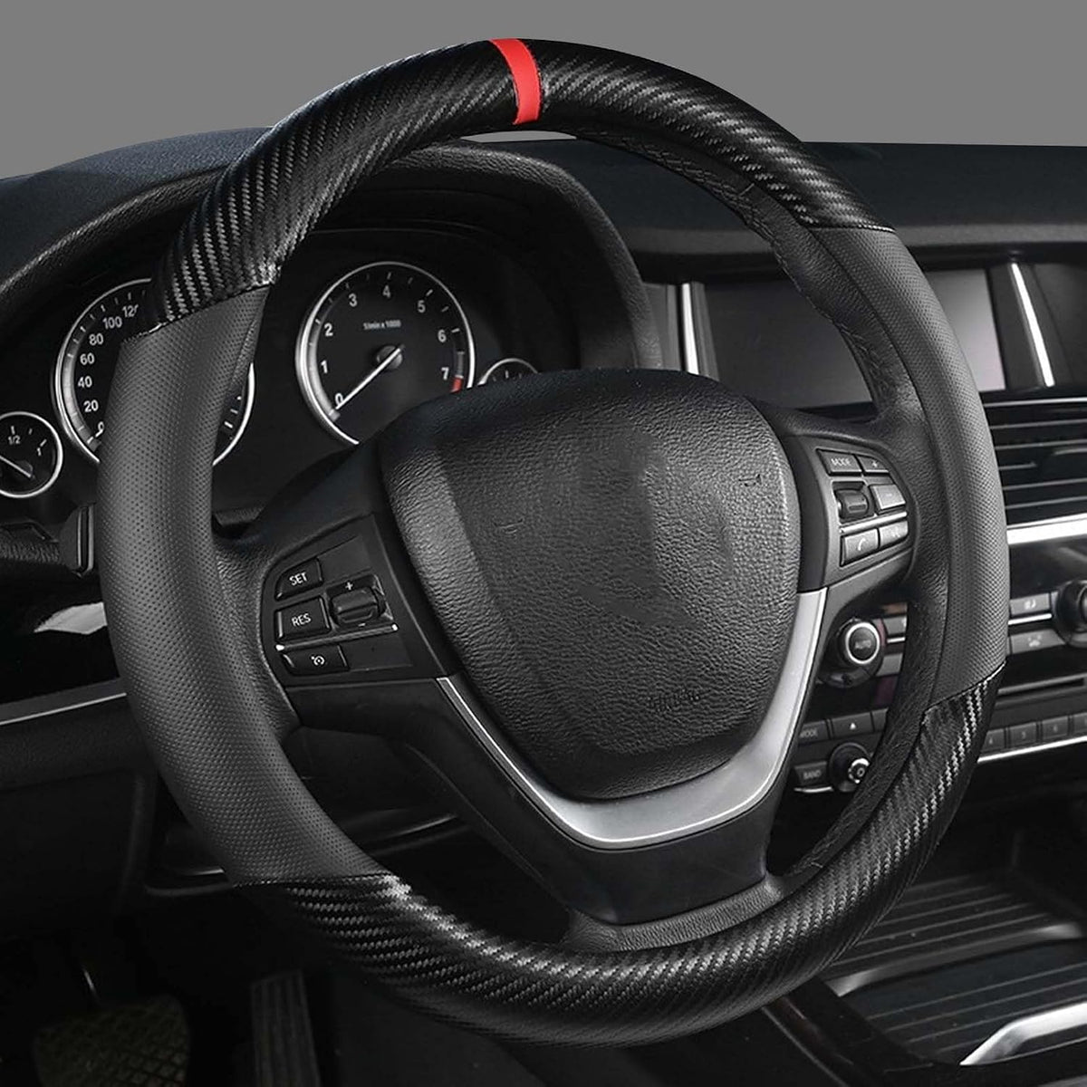 KAFEEK Carbon Fiber Steering Wheel Cover for Men, Car Accessories, Black
