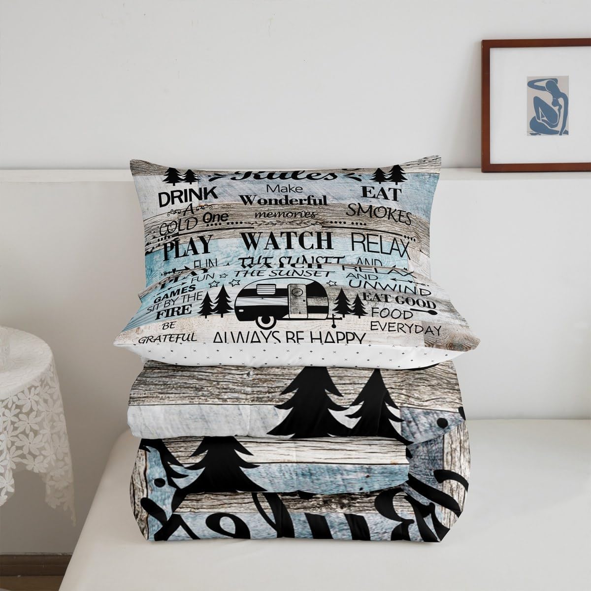 Happy Camping Camper Kids Comforter Set Twin Size,Rustic Farmhouse Adventure Cabin Bedding Set,Girls Boys Room Decor,Wooden Plank Cottage Lake House Quilt Comforter,Vintage Duvet Insert,1 Pillowcase