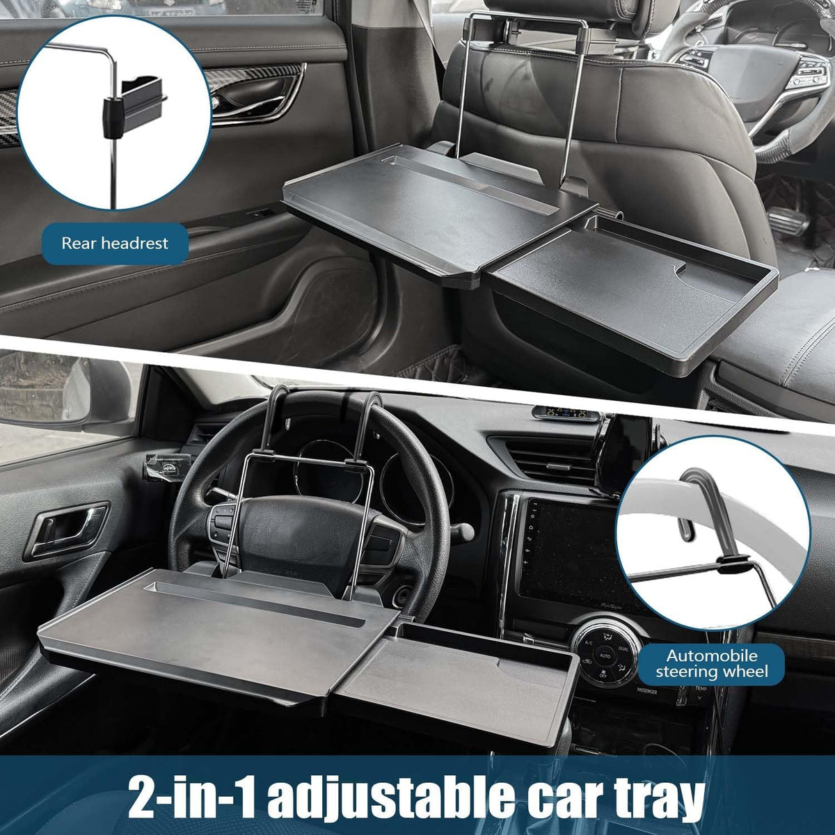 Black 2-in-1 Car Steering Wheel Laptop Holder & Backseat Tray with Adjustable Multipurpose Desk Car Accessories for Eating, Writing, Laptop Work with Cup Holder - Ideal for Constant Travelers