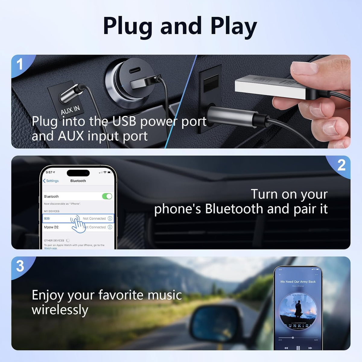 1Mii Aux Bluetooth 6.0 Car Adapter, 3.5mm Bluetooth Audio Receiver Cord