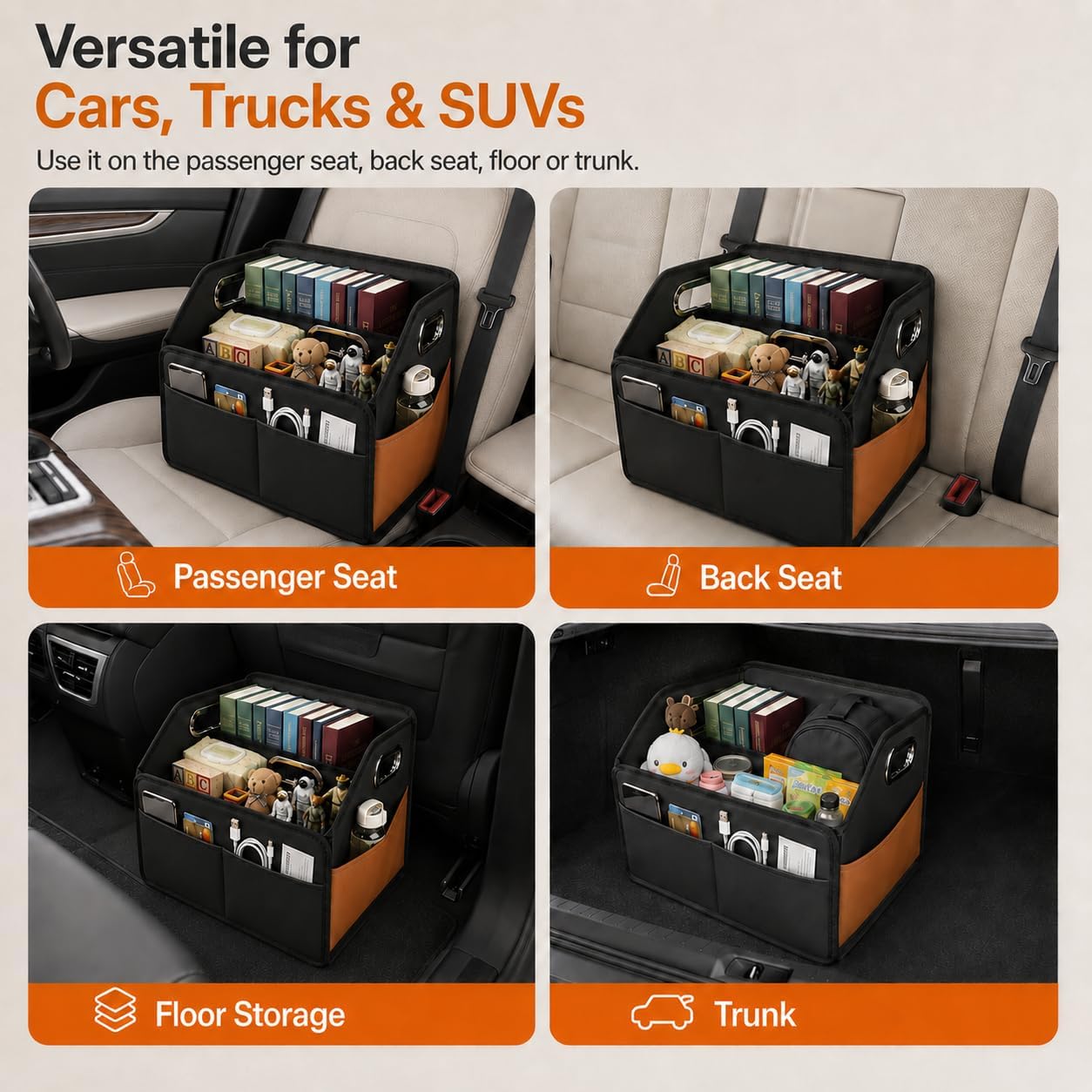 Noaman Car Organizer - 2025 Upgraded Leather Car Storage Organizer for Front Back Seat or Floor with 3 Metal Handles 6 Apartments, Multipurpose Car Organizers and Storage Black.