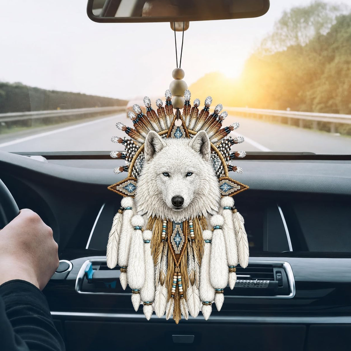 Talataca Native American Indigenous Us Indian Dreamcatcher White Wolf 2D Flat Car Rear View Mirror Accessories Christmas Tree Ornament Decoration Hanging Charm Interior Rearview Pendant Decor Gift
