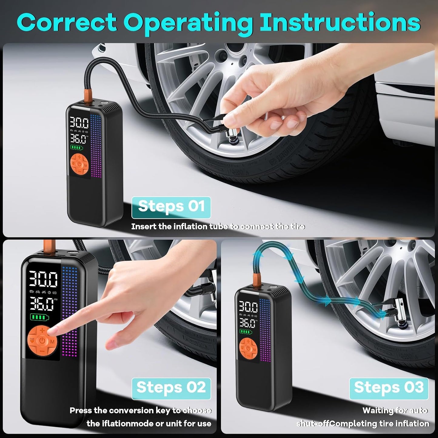 WEOLULI Tire Inflator Portable Air Compressor,150 PSI Cordless Air Pump, 12V DC Car Plug,Dual Power 10000mAh, Fast Inflation 24L/Min, 4 Preset Modes for Car, Bike, Motorcycle, Balls(Orange, 10000mAh)