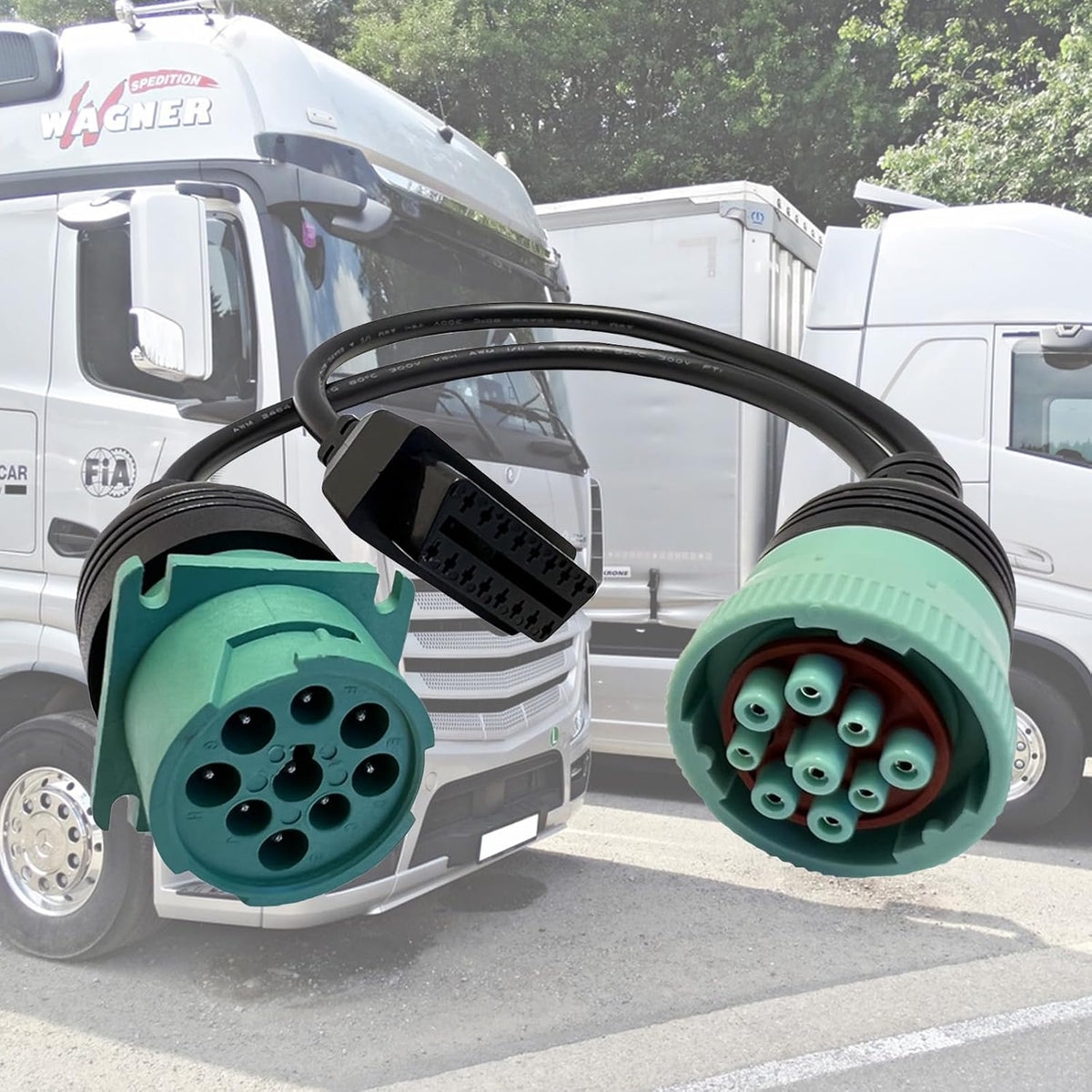 Green Type 2 J1939 9pin to OBD2 Cable Adapter for Heavy Duty Trucks