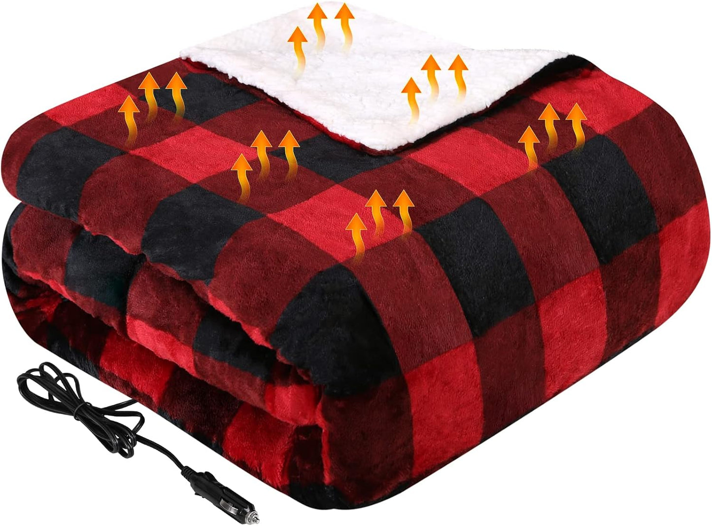 Westinghouse Heated Car Blanket, 12-Volt Electric Blanket for Car, Truck, SUV, RV, Portable Heated Throw for Camping, Orange Buffalo Plaid, 59" x 43”