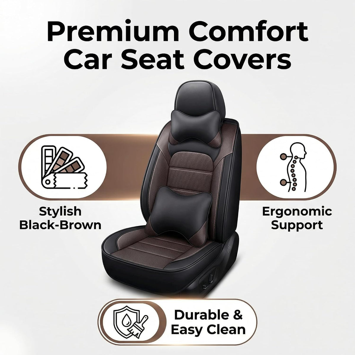 YQ FU Leather Seat Covers Black Brown Full Set w/ 2 Pillows Universal 2 Row