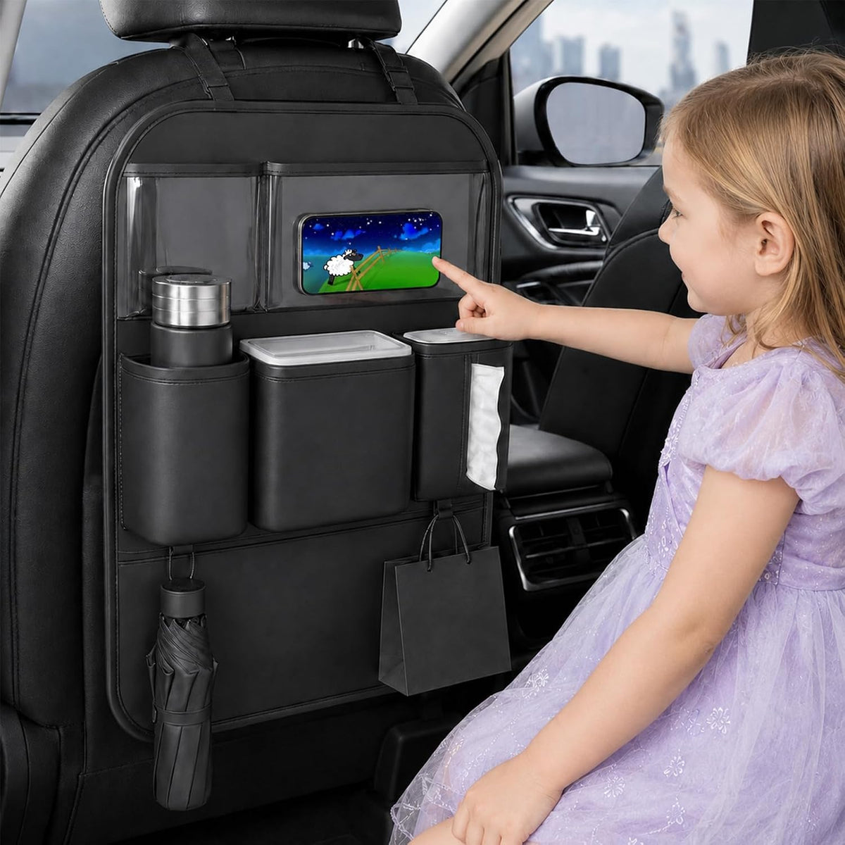 2 Pack Car Back Seat Organizer, PU Leather Storage Pockets, Black