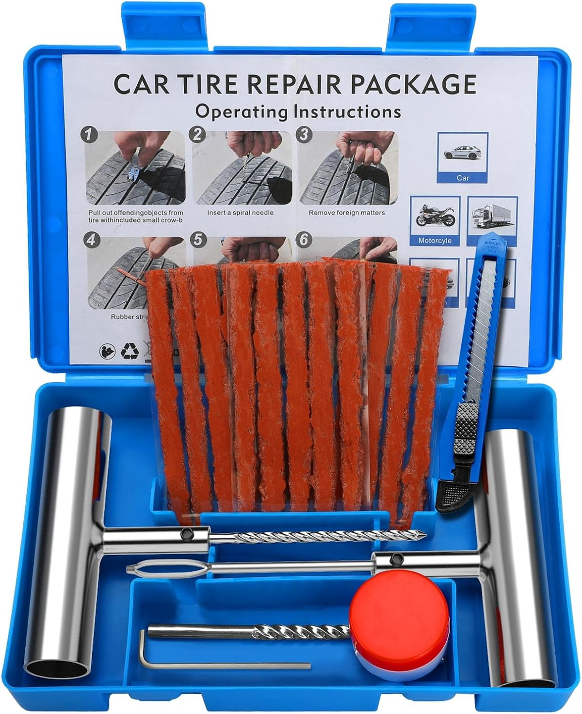 Tire Repair Kit, 24 Pcs Professional Heavy Duty Universal Emergency Flat Tire Repair Kit to Fix Punctures, for car Motorcycle, Truck, Golf Cart, ATV, Tractor, ARB, RV, SUV, Trailer etc.(Black)