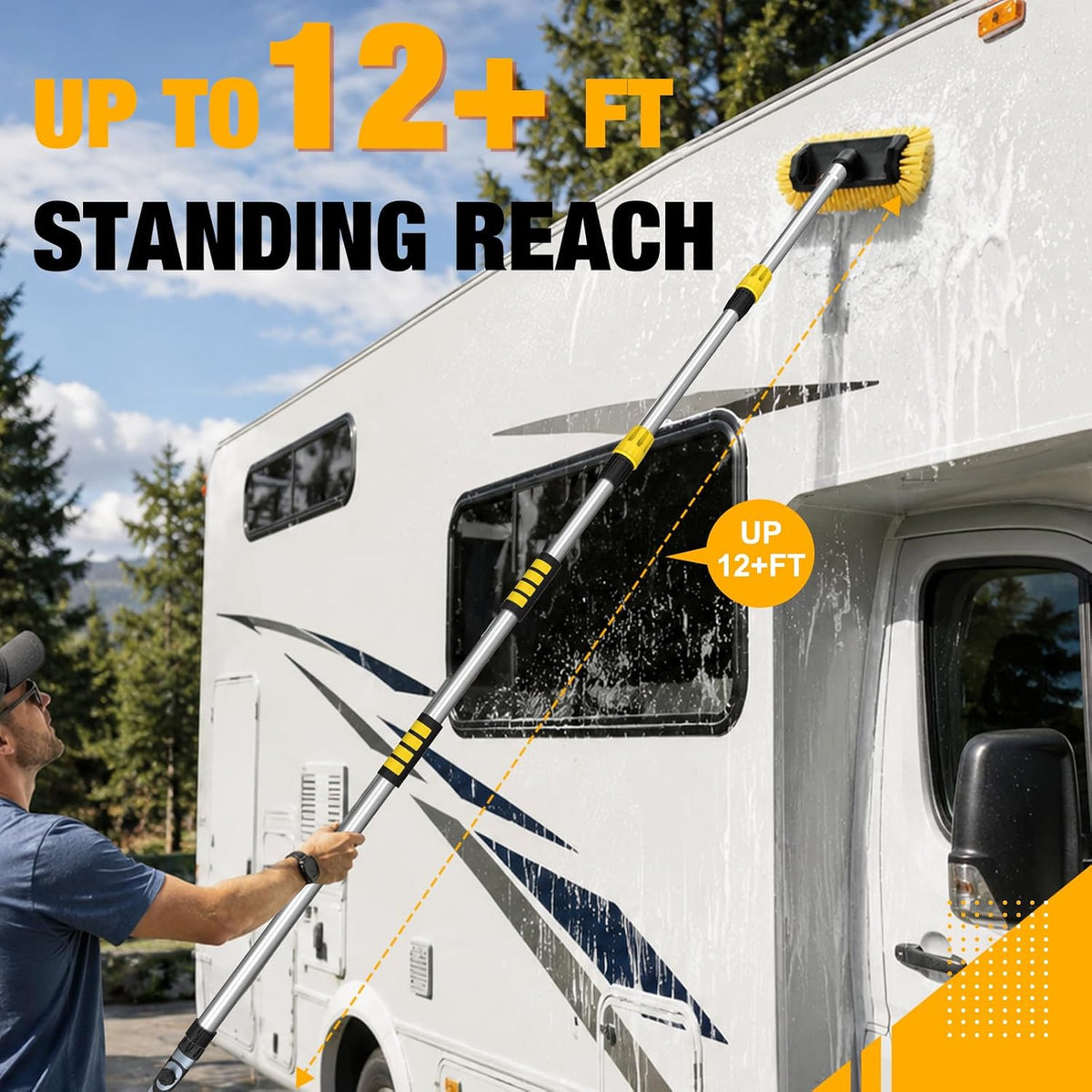 LAANPOLE 12FT Car Wash Brush with Long Handle, Car Cleaning Brush with 12 Inch Soft Bristle and Soap Dispenser, Solar Panels Cleaner with Telescoping Pole for RV, Truck, Boat, House Siding, Yellow