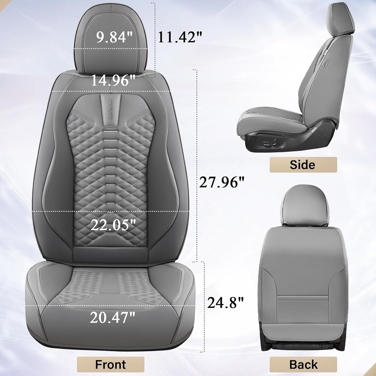 Coverado Car Seat Covers Full Set, Nappa Leather Seat Covers for Cars, Universal Waterproof Seat Covers, Front and Back Car Seat Protector, Automotive Seat Covers Fit for Most Cars, Gray