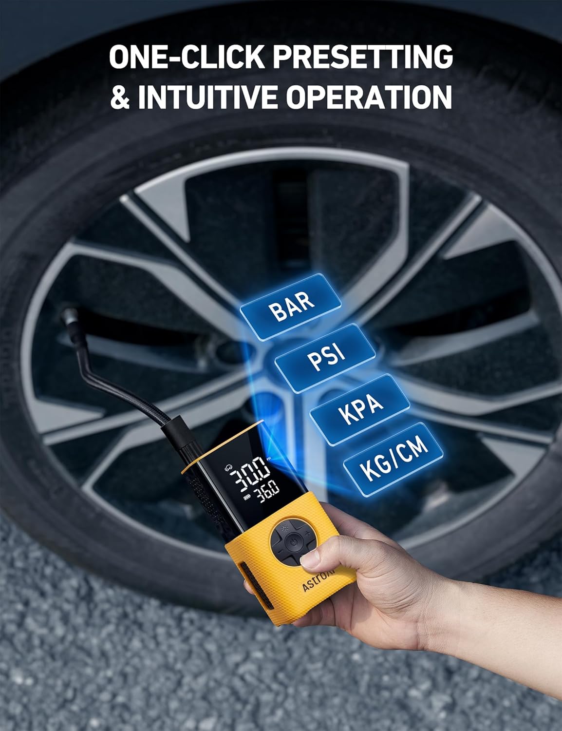 AstroAI L7S Tire Inflator Portable Air Compressor Cordless with Digital Pressure Gauge, 150 PSI LED Light Bike Air Pump with Fast Inflation & Auto Shut-Off for Car Tires,Motorcycles,Bikes,Balls,Yellow