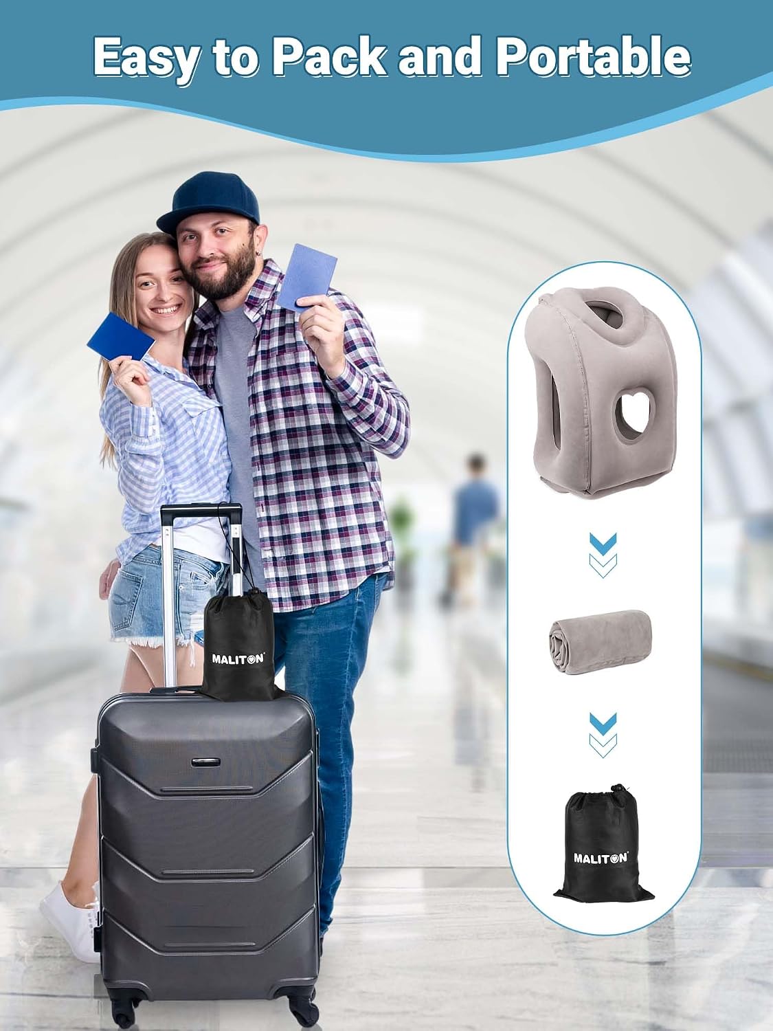 Maliton Inflatable Travel Pillow for Airplane Comfortable Sleeping to Relieve Neck and Shoulder Pain, Support Head Inflatable Pillow for Long Flights, Used for Airplanes, Cars, Trains, Office (Grey)