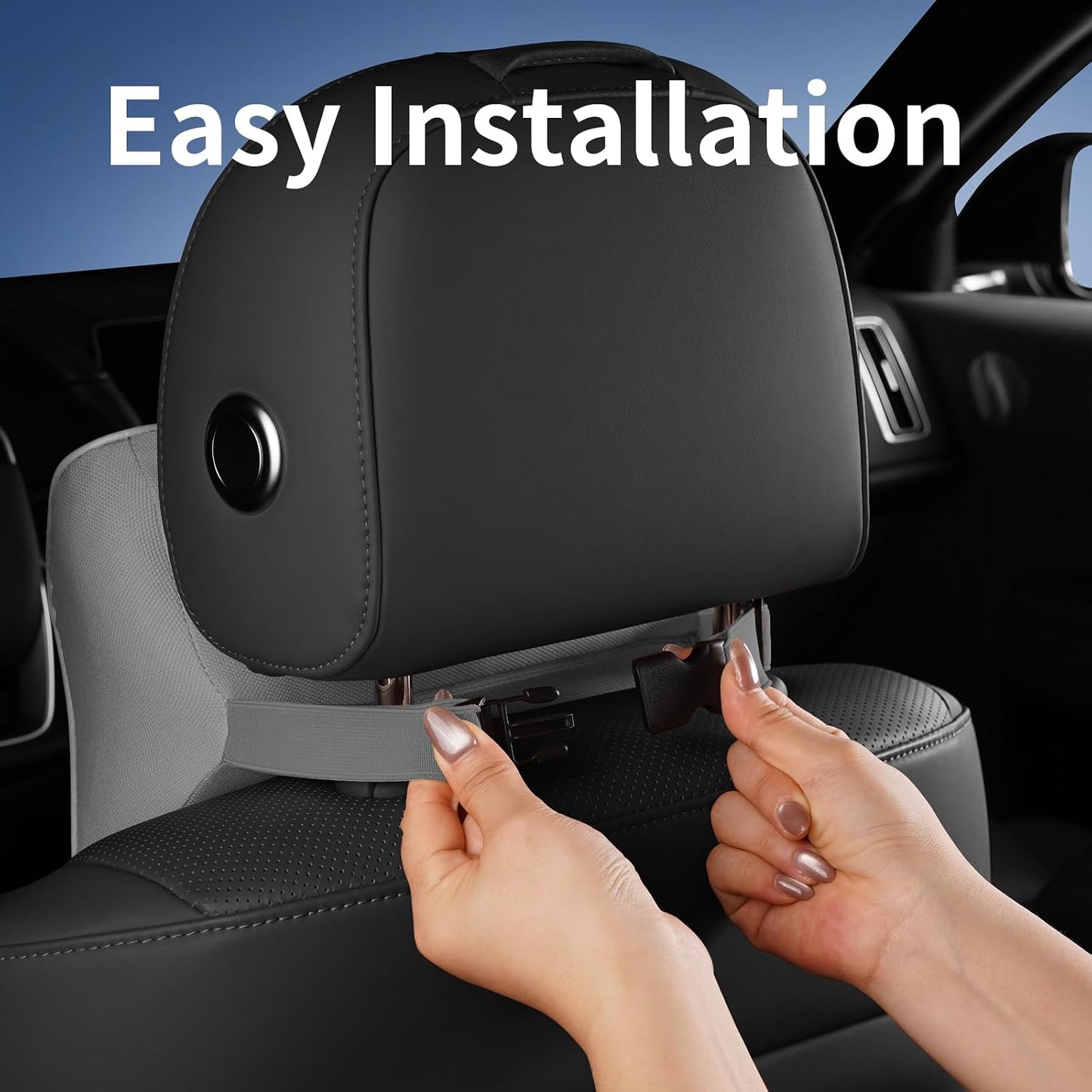 Quintor Genuine Leather Car Neck Pillow,Memory Foam Headrest Cushion, Ergonomic Cervical Support for Tesla Model 3/Y/X, Lexus, BMW- Breathable & All-Season Soft (2 PC)