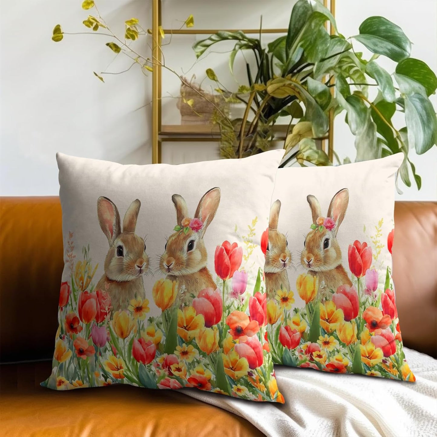 Giwawa Easter Bunny Throw Pillow Covers 16x16 Inch Set of 2 Spring Floral Decorative Pillow Cases Cotton Holiday Cushion Cover for Home Sofa Couch