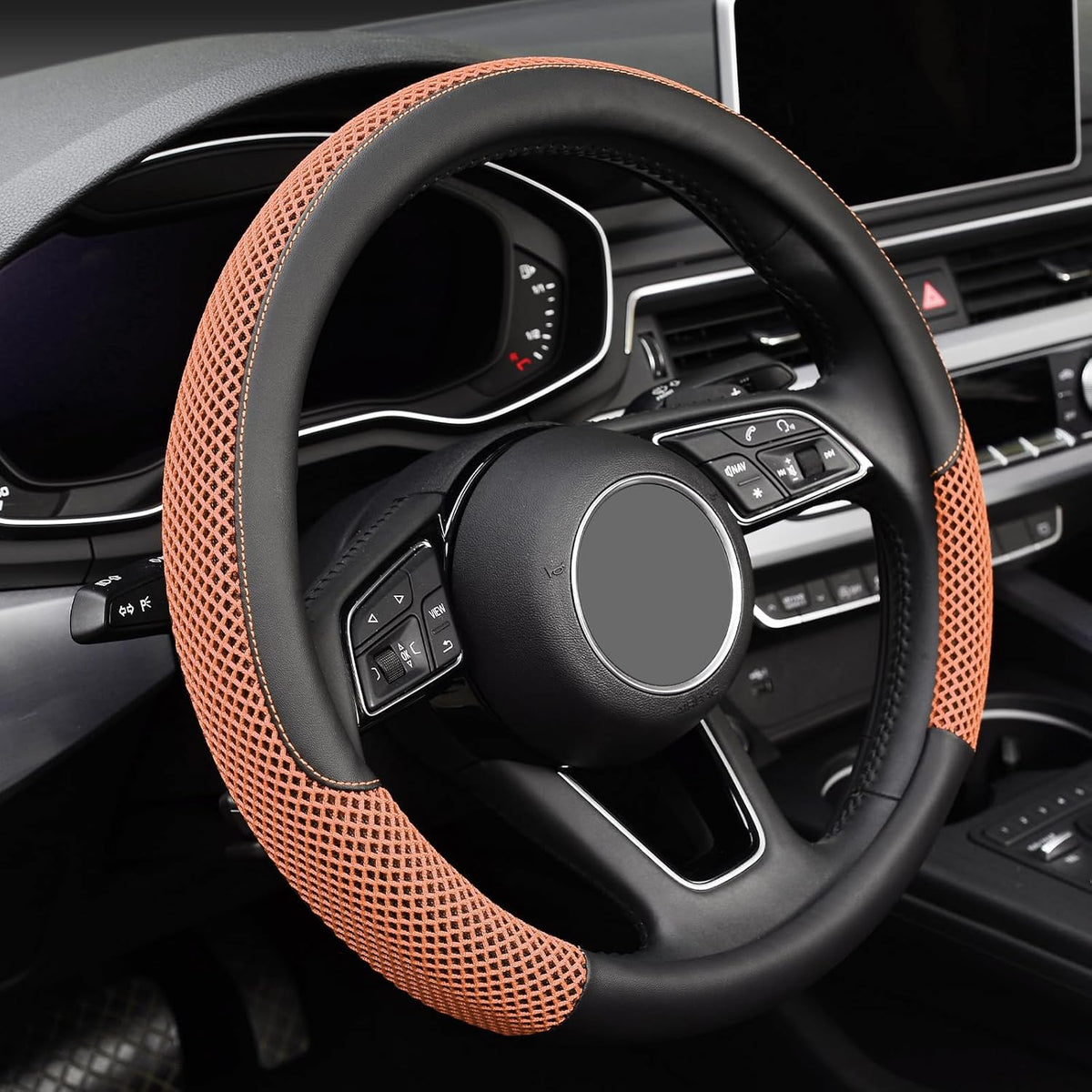 KAFEEK Steering Wheel Cover, Cooling Ice Silk Leather, 15 Inch, Black
