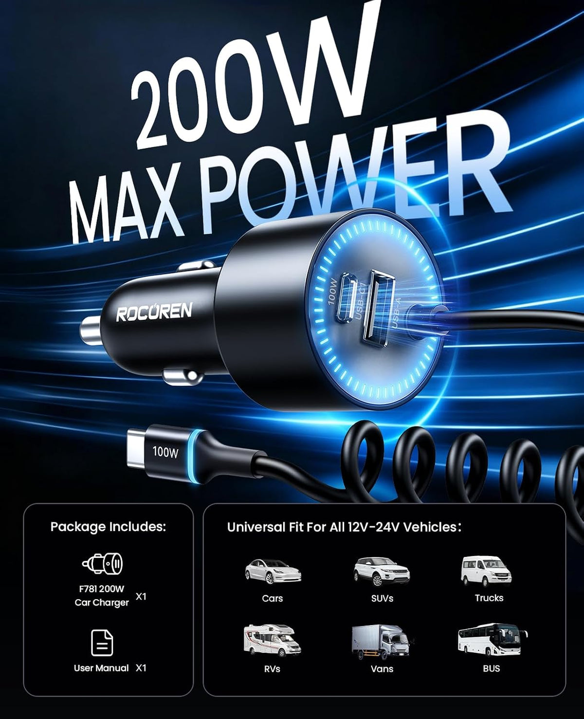 Rocoren 200W Car Charger USB C Fast Charge,PD 100W Type C Car Fast Charger