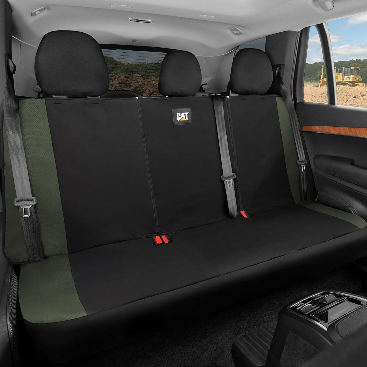 Caterpillar Flexfit Automotive Seat Covers for Cars Trucks and SUVs (Set of 2) – Black Seat Covers for Front Seats, Seat Protectors with Gray Honeycomb Trim, Auto Interior Covers