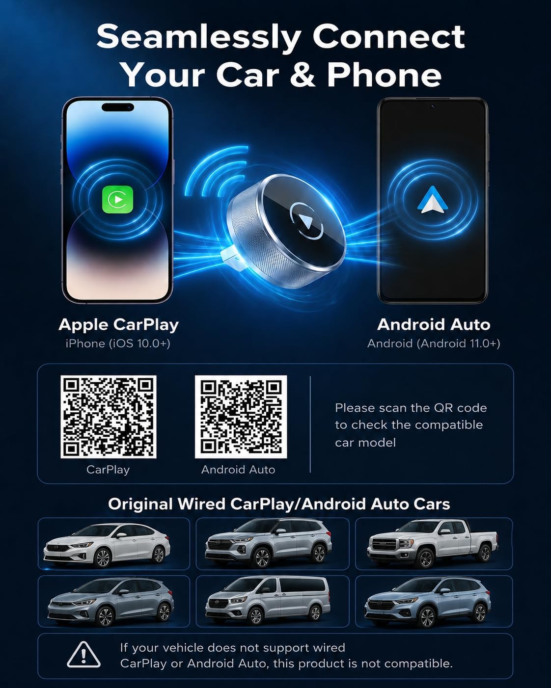 2026 Car Play Wireless Adapter for Apple iPhone& Android Auto 2-in-1