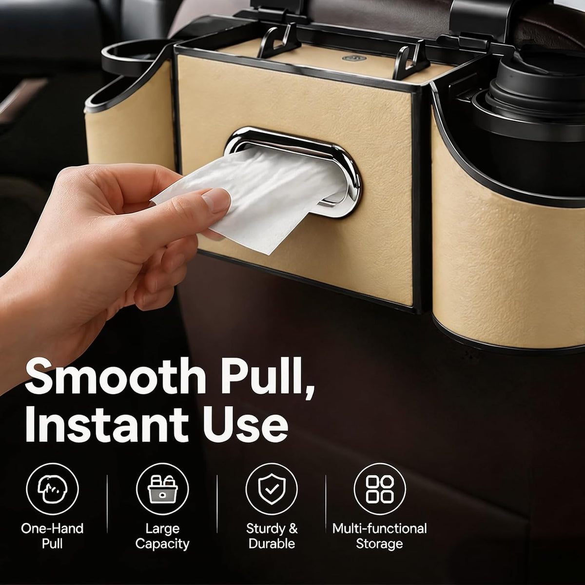 Back Seat Car Organizer, 2 Cup Holders, Tissue Holder, Phone Stand & Hooks