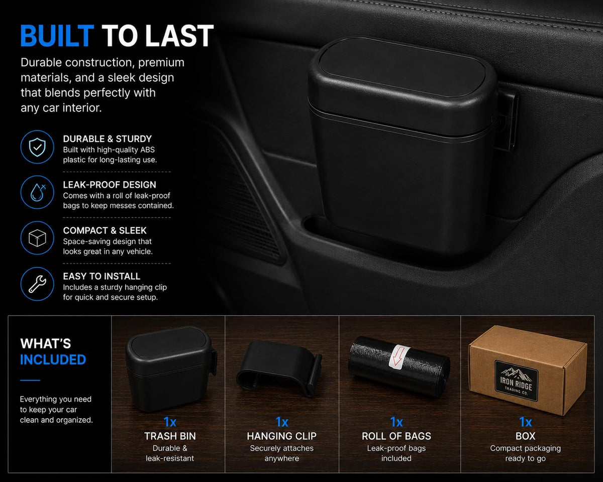 Car Trash Bin with Clip & Bags, Push Lid, Black, 1-Pack