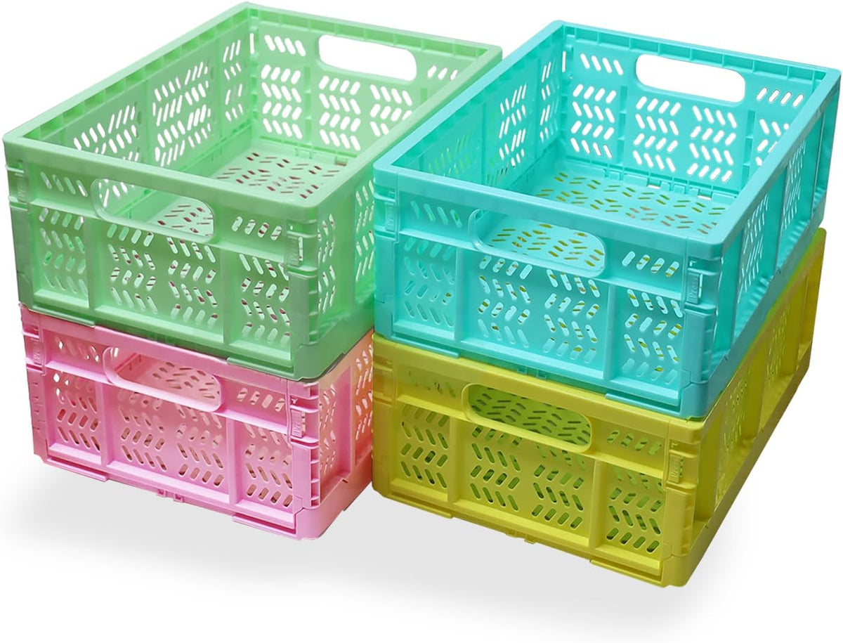 20L Folding Crate, 4Pack Plastic Storage Baskets Organizer for Home and Office,Collapsible Storage Crates for Home Office and Outdoor Organizer. (Green)