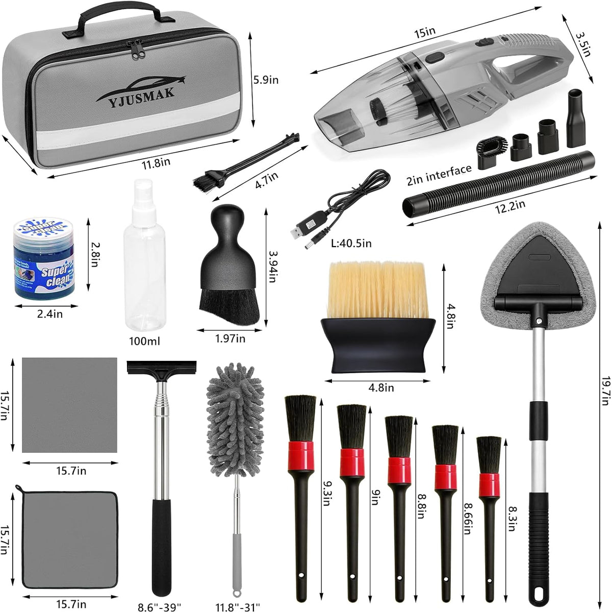 Car Detailing Kit Interior Cleaning - with 8500PA Car Vacuum Portable Cordless, Car Detailing Brush Set, Windshield Tool, Car Wash Kit for Women/Men, Gray