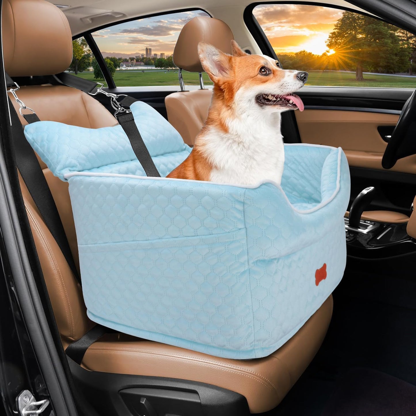 Dog Car Seat - Memory Foam Dog Booster Seat for Small Dogs Up to 25lbs-Elevated Pet Car Seat with Storage Pockets and Dog Seat Belt-Soft Pet Travel Bed for Front & Back Seats-Removable Washable-Grey