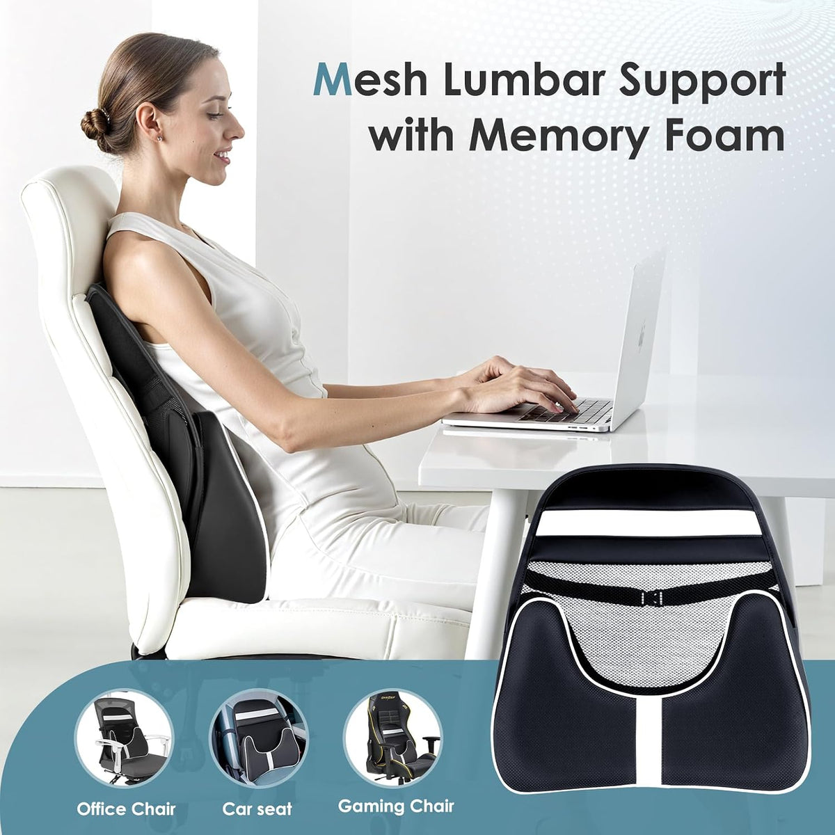 FLORICH Memory Foam Double Layer Breathable Mesh Lumbar Support Ergonomic Leather Lumbar Support Pillow with 3D Mesh Back Support and Adjustable Strap for CarSeat & Office Chair(Black)