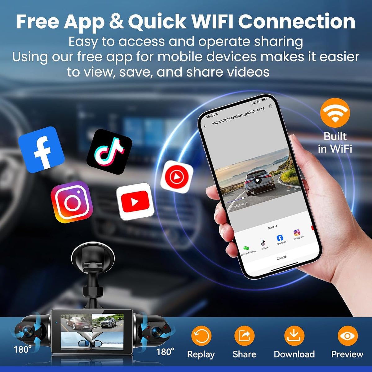 360°View 4 Channel Dash Cam, 4K+1080P Front and Rear Inside Left Right, Dash Camera for Cars, Built-in G-Sensor, IR Night Vision, 24H Parking Mode, 64GB SD Card, Loop Recording, Wireless APP Control