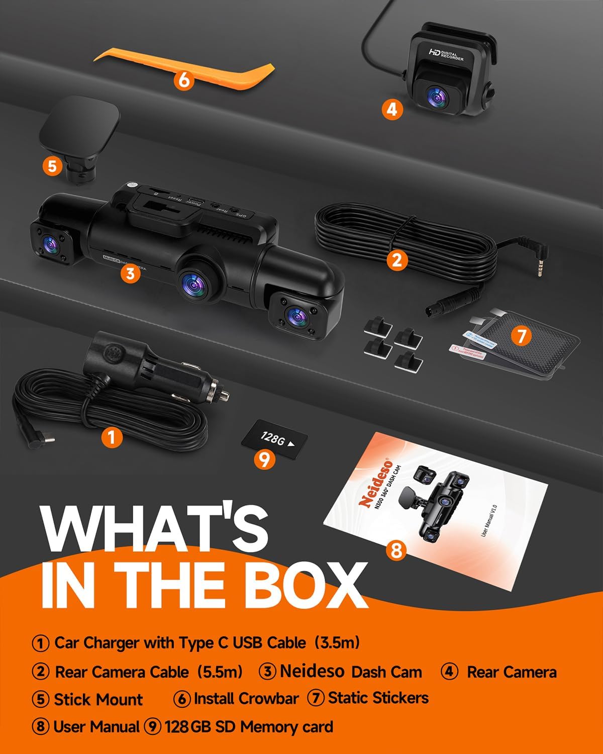 Neideso 360° Dash Cam Front and Rear Inside, 4 Channel Dash Camera for Car
