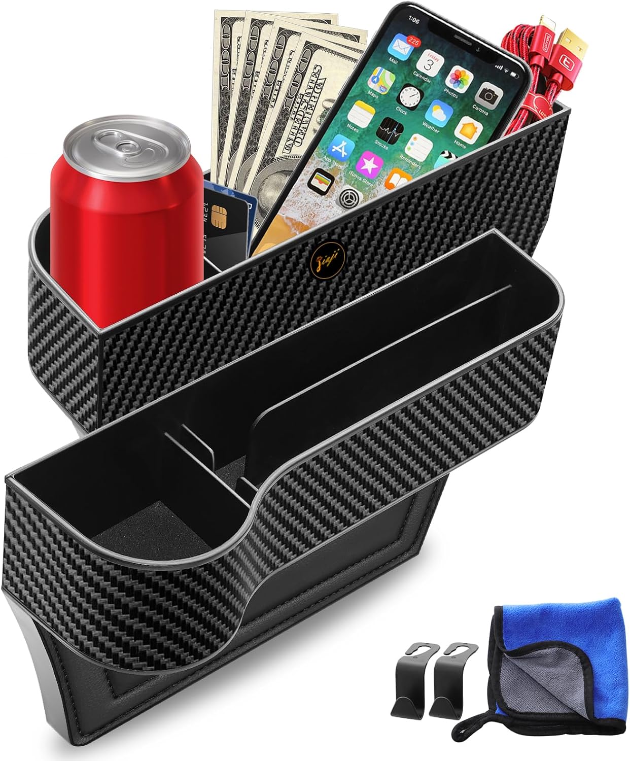 Car Seat Gap Filler, 2 Pack Car Seat Organizer with Cup Holder, Car Seat Gap Filler Organizer with 2 Seat Back Hooks for Phones, Keys, Cards, Canned Drinks, Ideal for Car storage Box