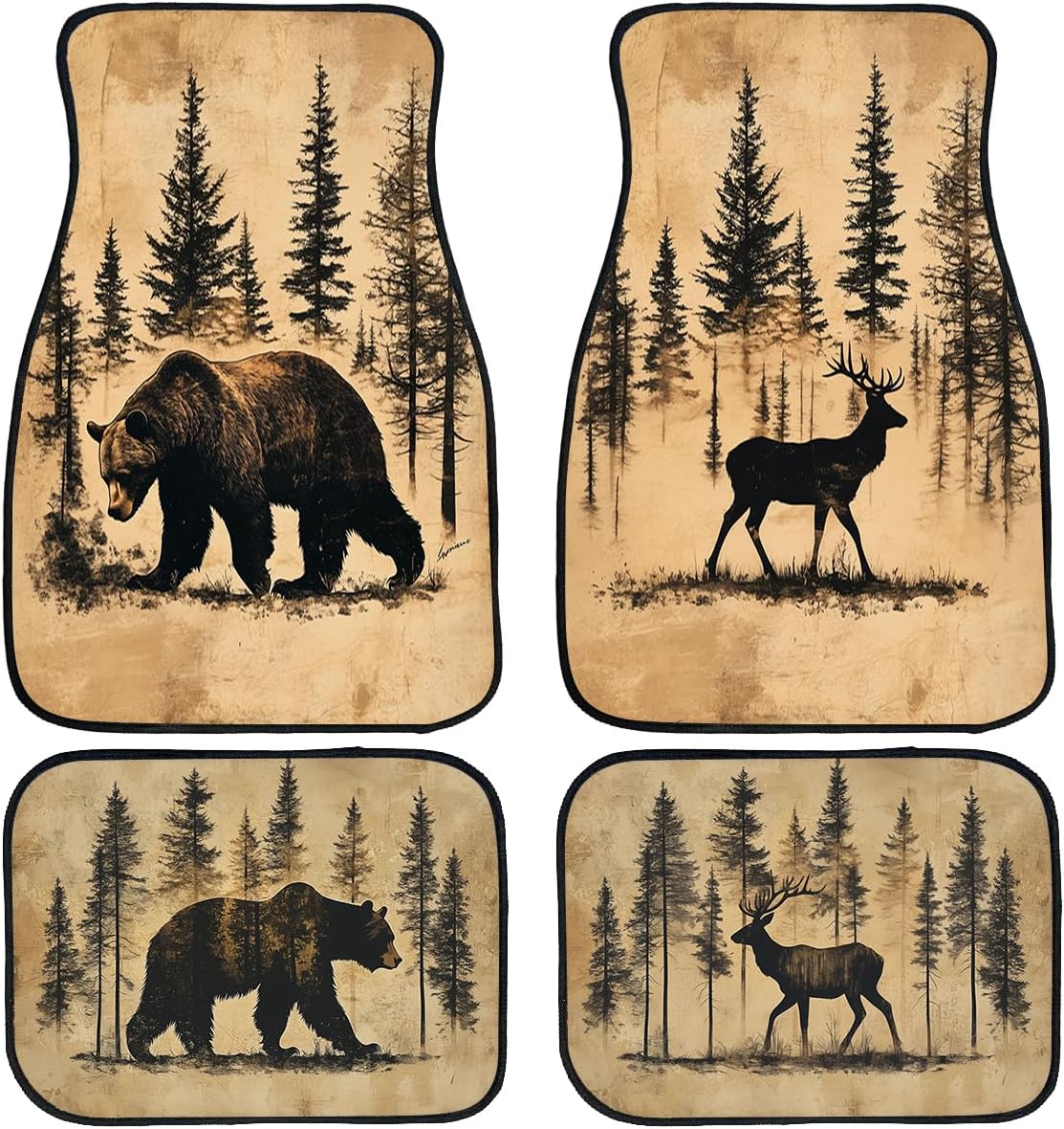 Bear Car Floor Mats Set of 4 Vintage Rustic Forest Lodge Mountain Automotive Foot Mats Rugs Carpet for Car Non-Slip Auto Car Accessories Universal Fit Car Accessories for Truck