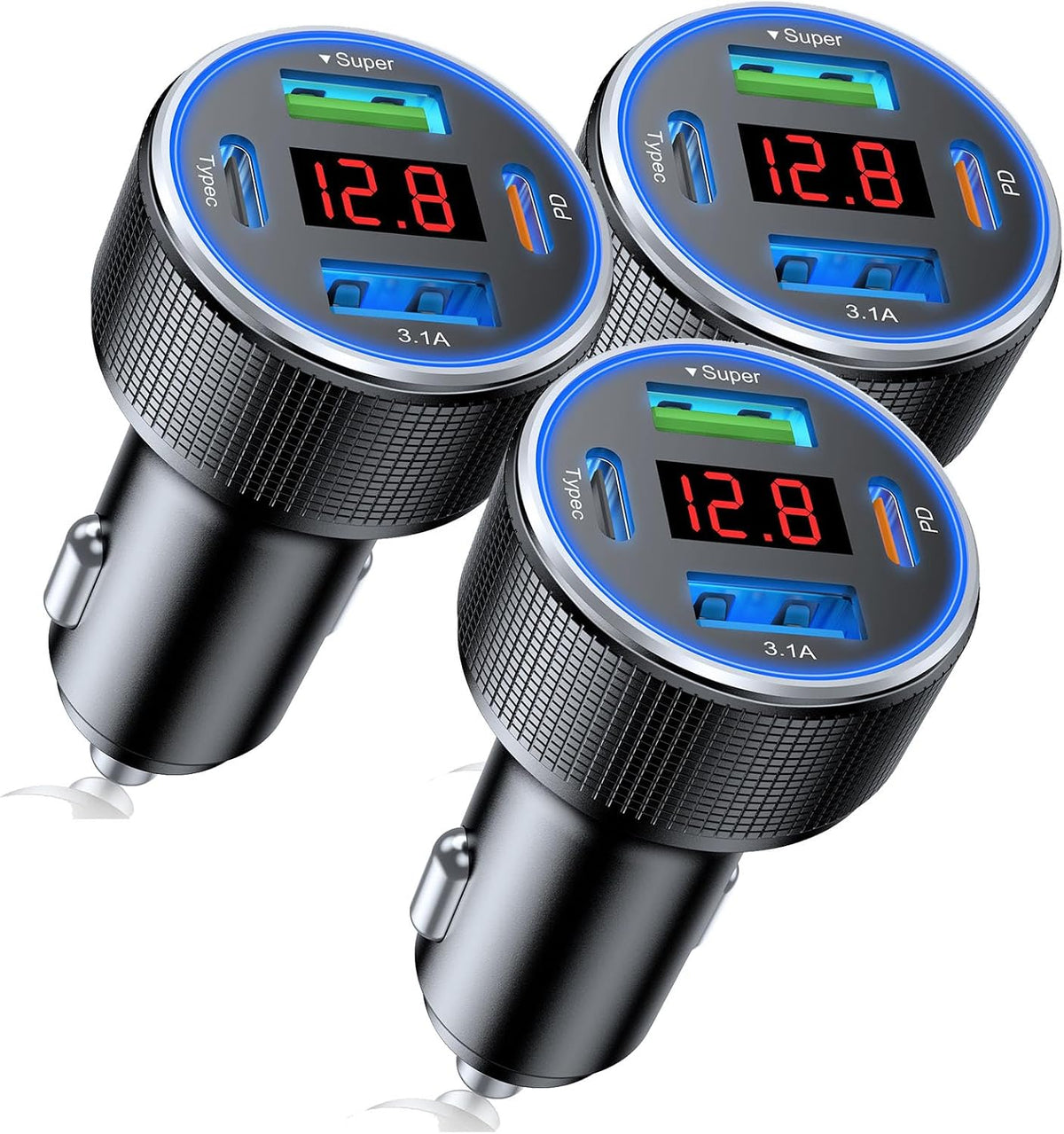 USB Car Charger, 2 Pack Cigarette Lighter USB Charger Aluminum Alloy Fast Charging Car Charger Adapter with Voltage Display Type C Car Accessories for iPhone 17 16 Samsung Galaxy Google iPad Android