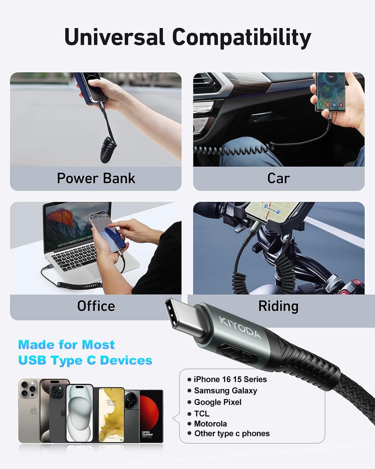 USB C to USB C Cable Coiled 6FT 2Pack, Braided Type C Charger for Car-Black