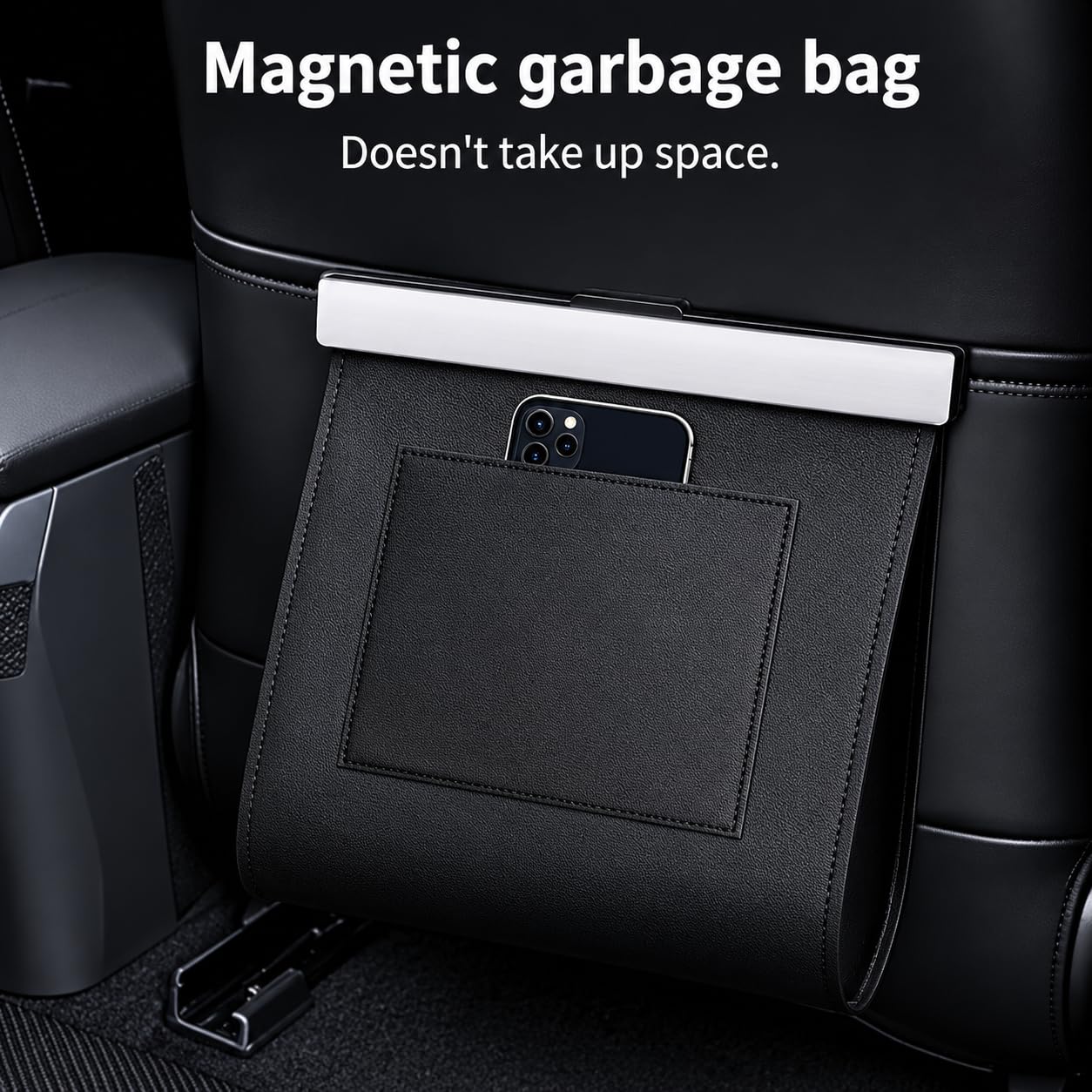 Premium Car Trash Can with Magnetic Lid, Waterproof Leakproof PU Leather Vehicle Garbage Bin, Foldable Hanging Auto Trash Bag for Seat Back Pocket, Fits Cars SUVs Trucks, Includes 2 Rolls Trash Bags