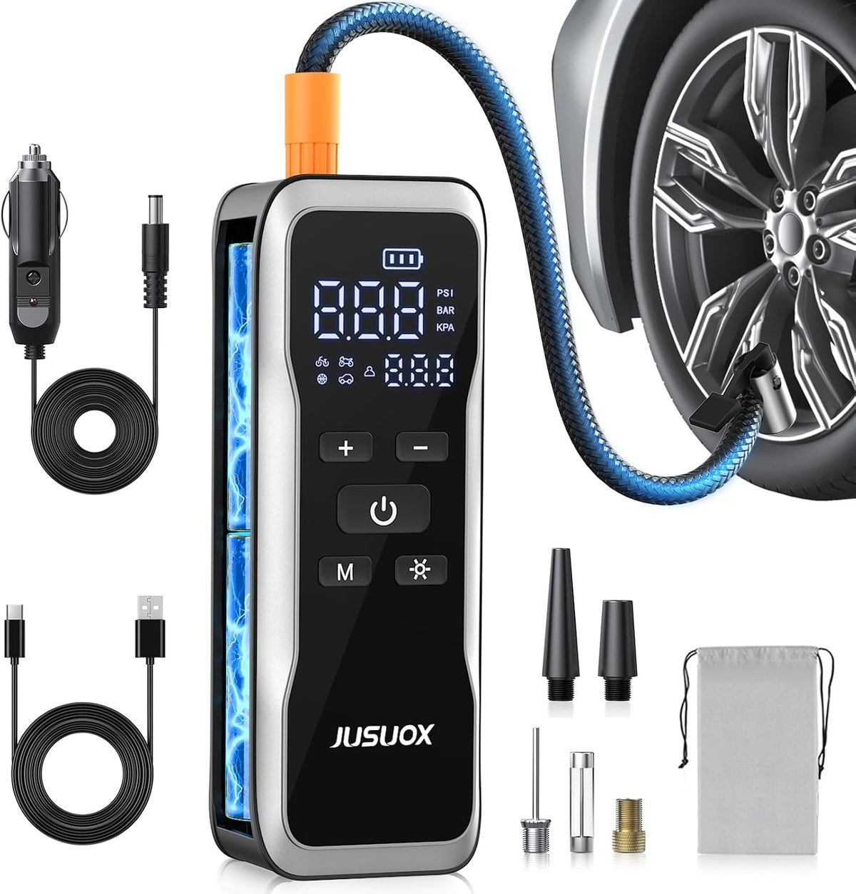 JUSUOX Tire Inflator Portable Air Compressor, 150 PSI Dual Power