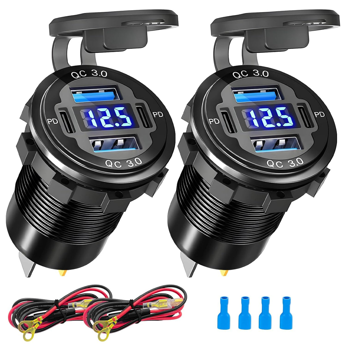 12 Volt USB Charger, 12v USB 4-Port Aluminum Alloy USB C Outlet with LED Voltmeter,Dual PD3.0 & QC3.0 for 12/24V Car Golf Cart Boat Marine Bus Truck RV Marine Motorcycle etc (Pack of one)