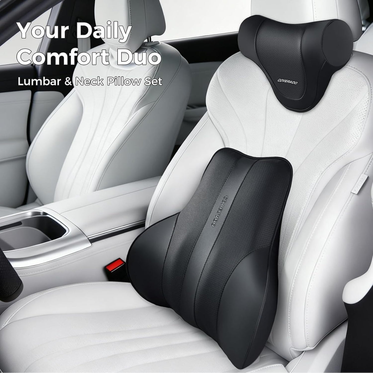 Coverado Lumbar Support Pillow for Car, Ergonomic Memory Foam Back Pillow for Office Chair, New Back Cushion for Pain Relief, PU Leather Car Lumbar Support for Driving Seat Black