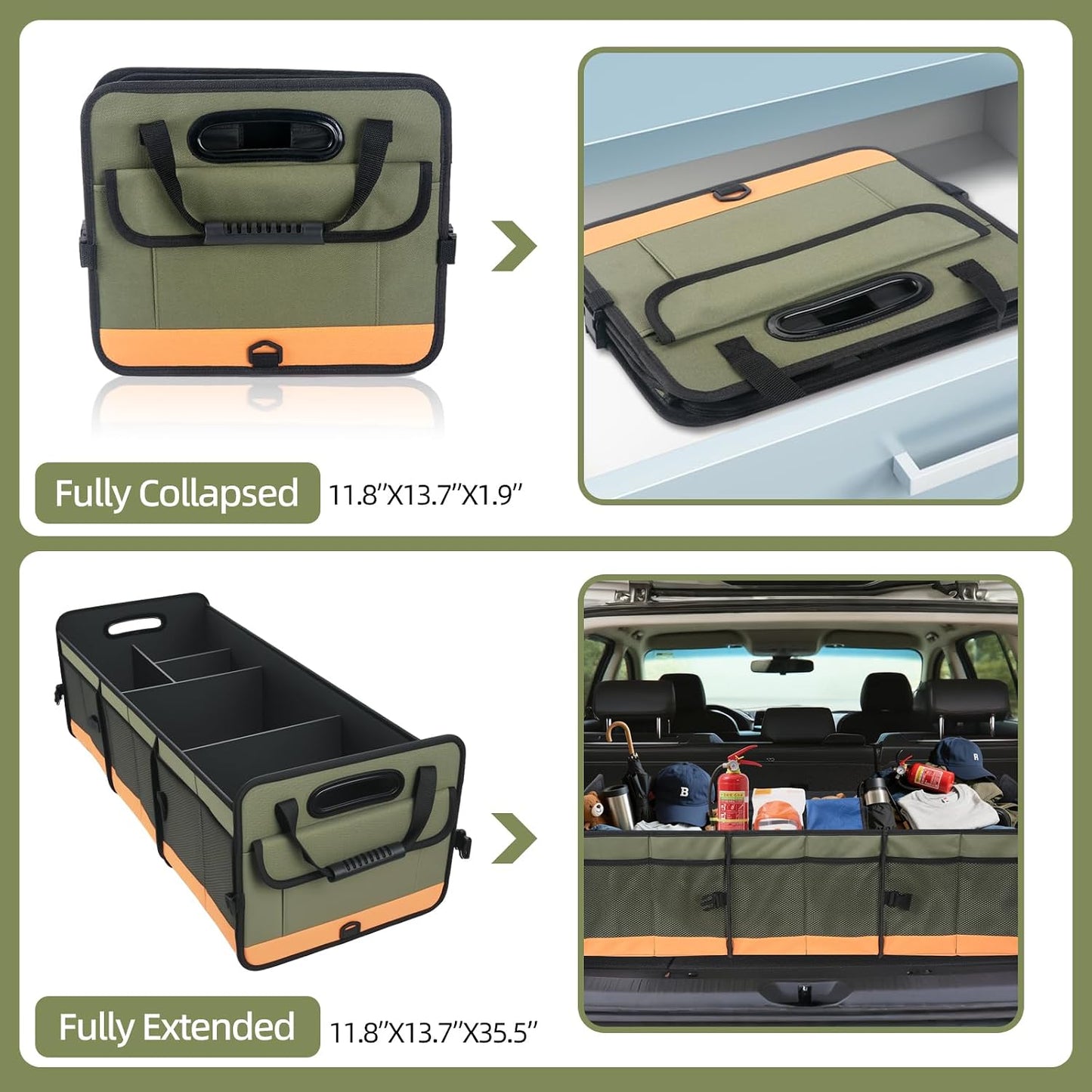 Trunk Organizer for Suv, Sturdy Storage Organization with Non-Slip Bottom Strips, 95L Large Capacity Cargo Organizer for Car, Truck, Sedan, Waterproof Portable Car Organizers for Women Men(Green)