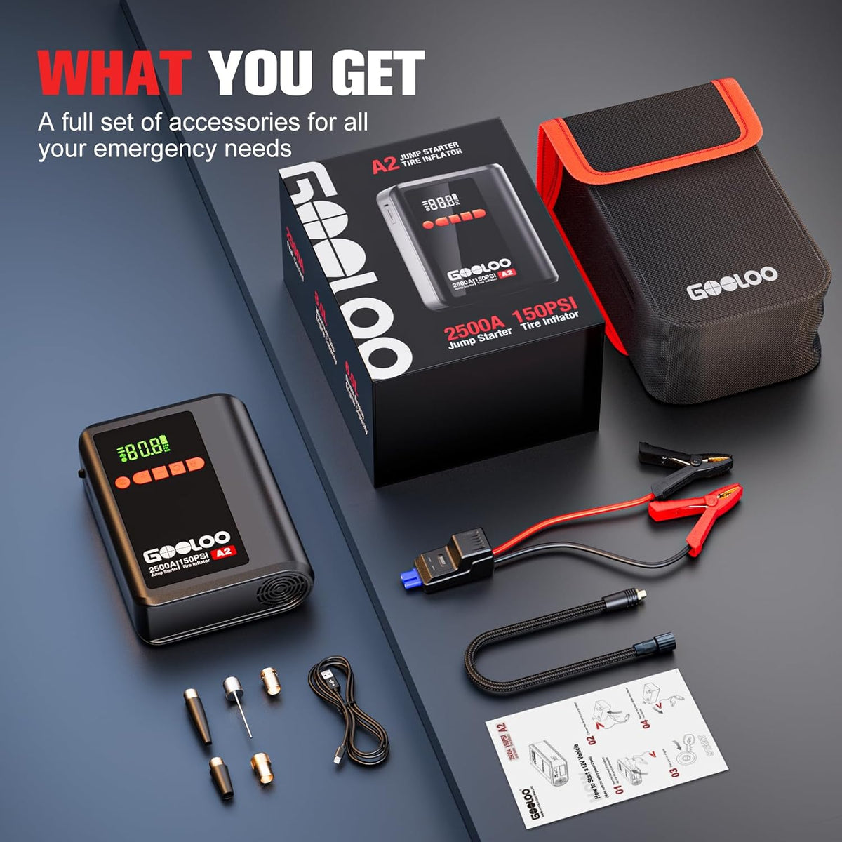 GOOLOO A2 Jump Starter with Air Compressor (2000A & 150 PSI) - 12V Vehicle