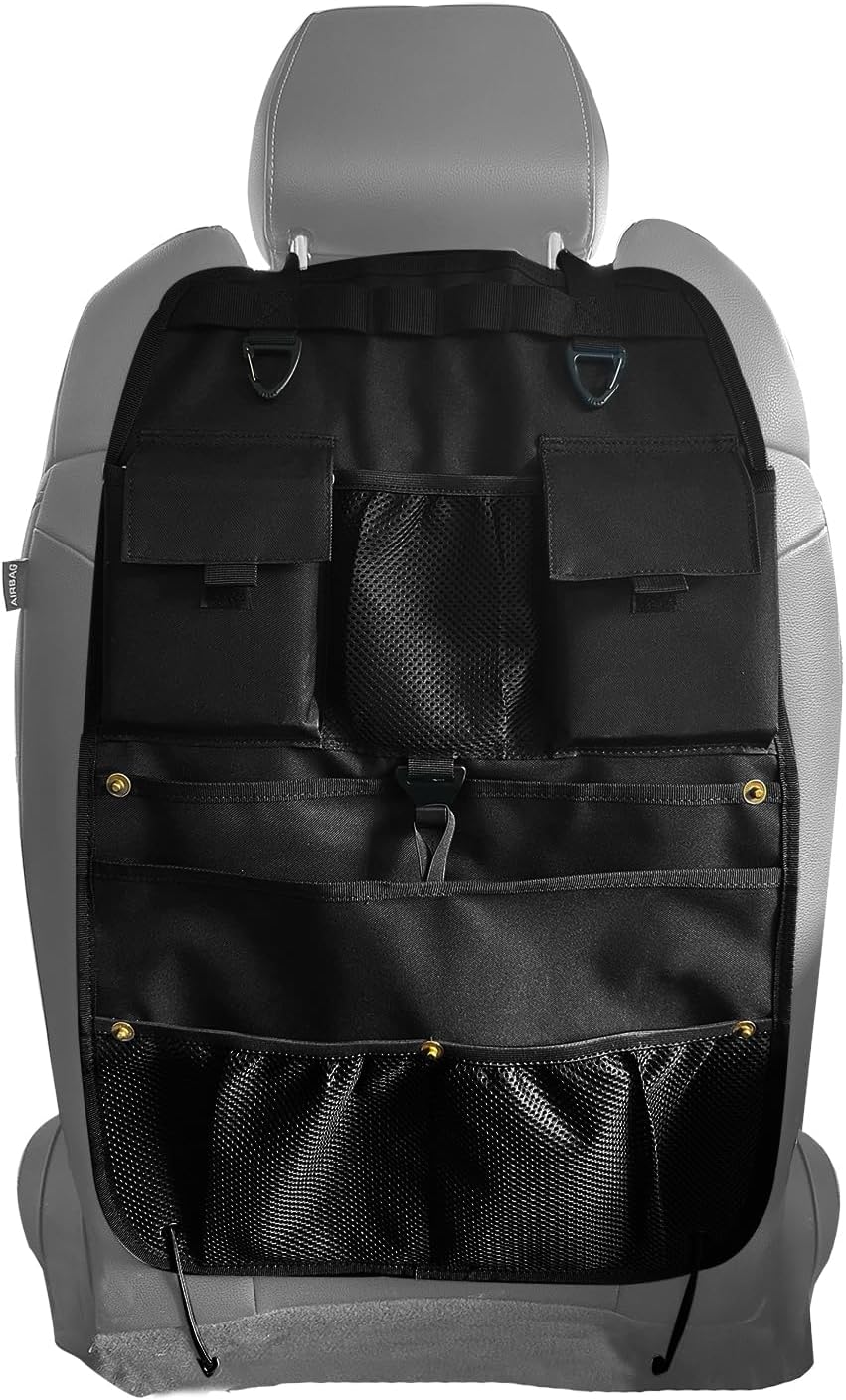 Car Seat Back Organizer with Multiple Storage Pockets, Black Mesh and Fabric, Universal Fit (grey)