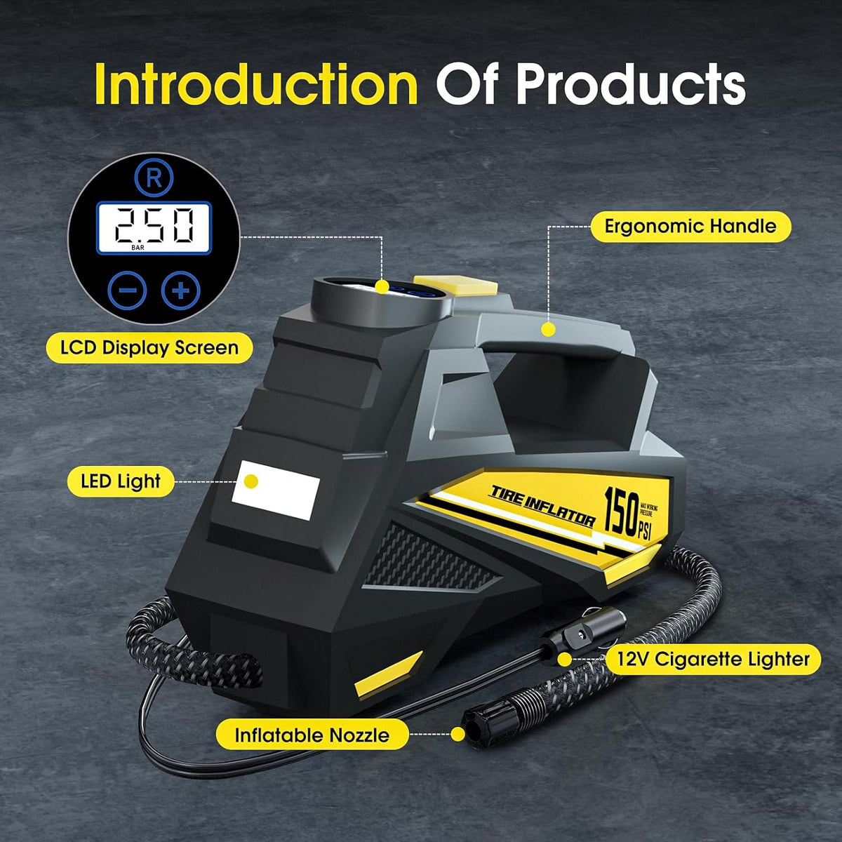 FLYKID Tire Inflator Portable Air Compressor- 12V DC Air Pump for Car Tires with 150PSI LCD Digital Gauge & Emergency LED Light,Auto Tire Pump for Cars,Motorcycles,Bikes,Balls (Yellow, Large)