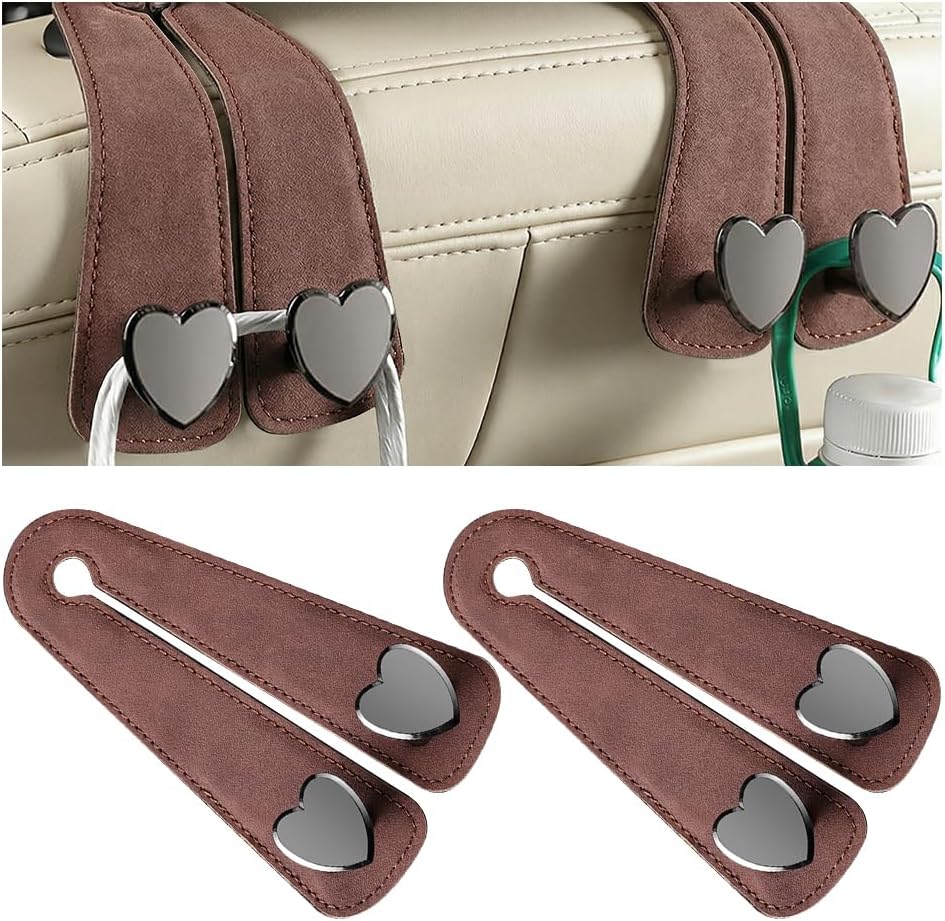2PCS Car Seat Headrest Hooks, Heart-Shaped Twin Hook Vehicle Seat Back Purse Bag Storage Organizer, Cute Auto Interior Backseat Hanger Holder for Coat Umbrella Hat, Universal Fit (Gray)