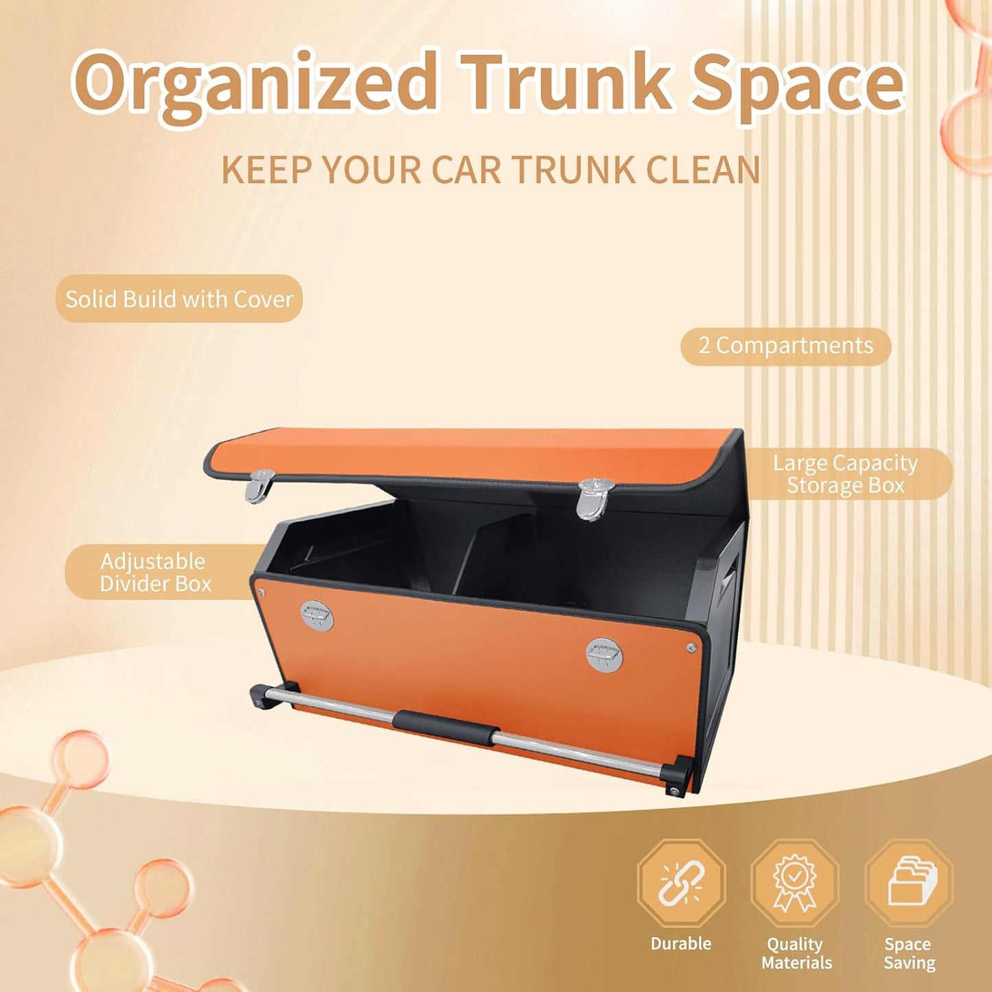 XCF Car Trunk Organizer for SUV, Collapsible Leather Car Storage Trunk Organizer with Lid and Sturdy Handle Car Trunk Leather Storage Box (Orange, 27.1 x 11.4 x 12.2in)