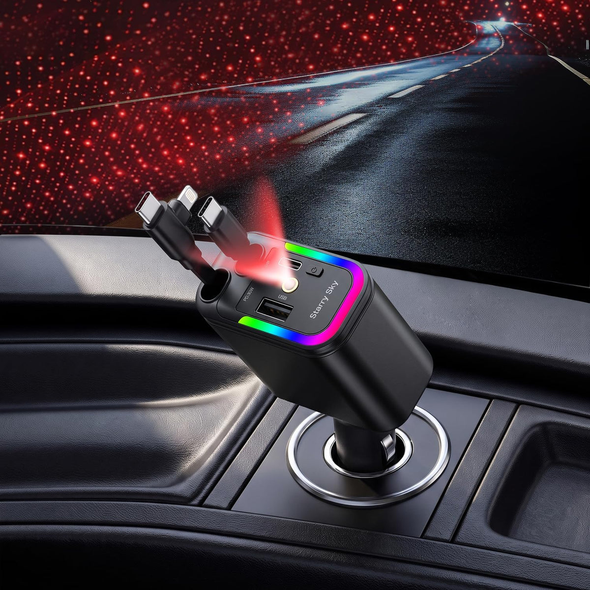 Vitog 5-in-1 120W 30-Minutes Fast Flash Charging Retractable Car Charger