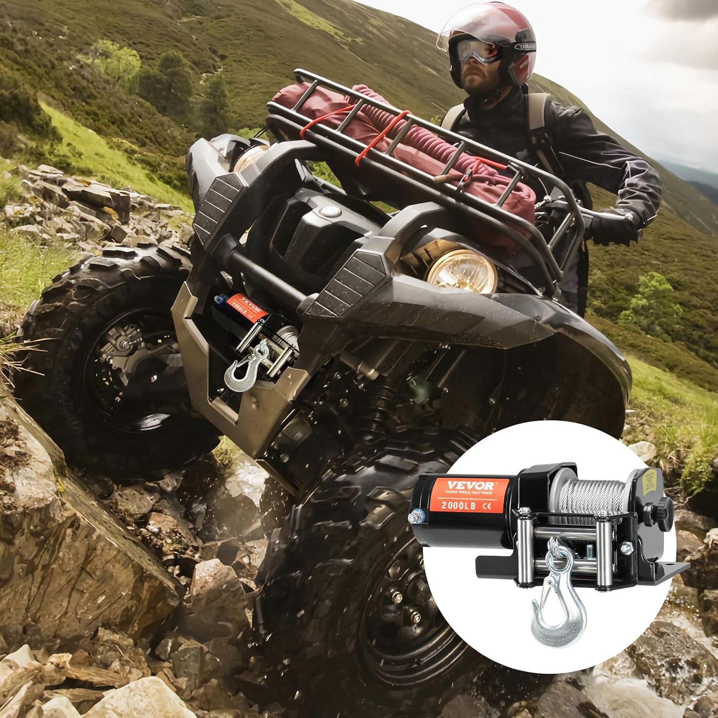 VEVOR ATV Winch, 2000 lb Electric Winch, 12V Small ATV UTV Winch with 5/32 in x 39 ft Steel Cable Roller Fairlead Wired Remote Control, IP55 Waterproof for Towing UTV ATV Car Vehicle Off-Road